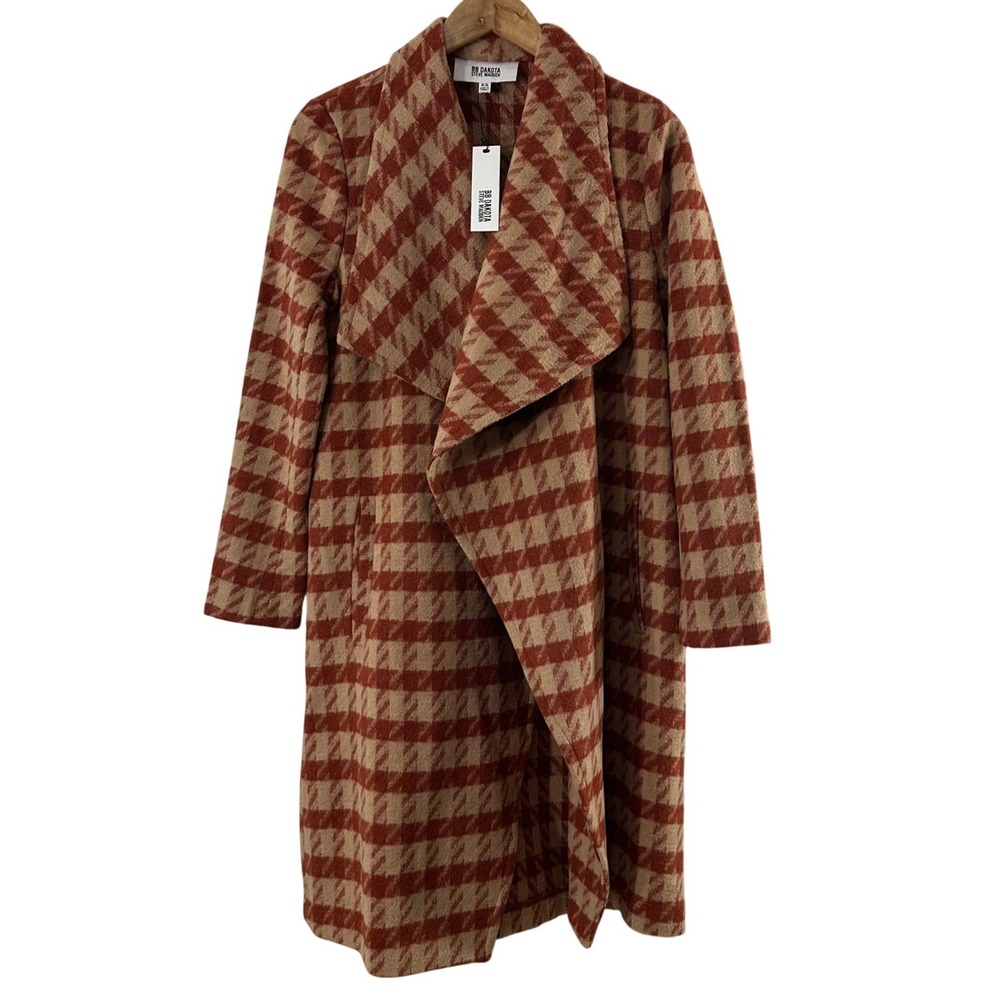 BB Dakota Steve Madden Houndstooth Draped Open Front Coat Rust Orange XS NEW